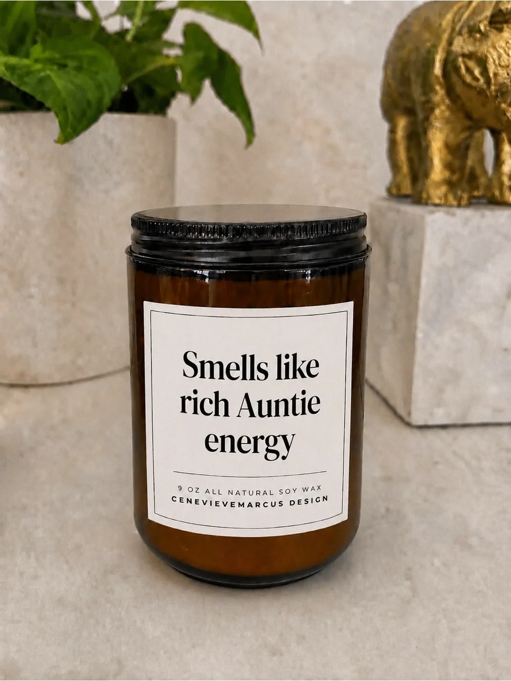 'Smells Like Rich Auntie Energy' Amber Soy Candle - Black Lid